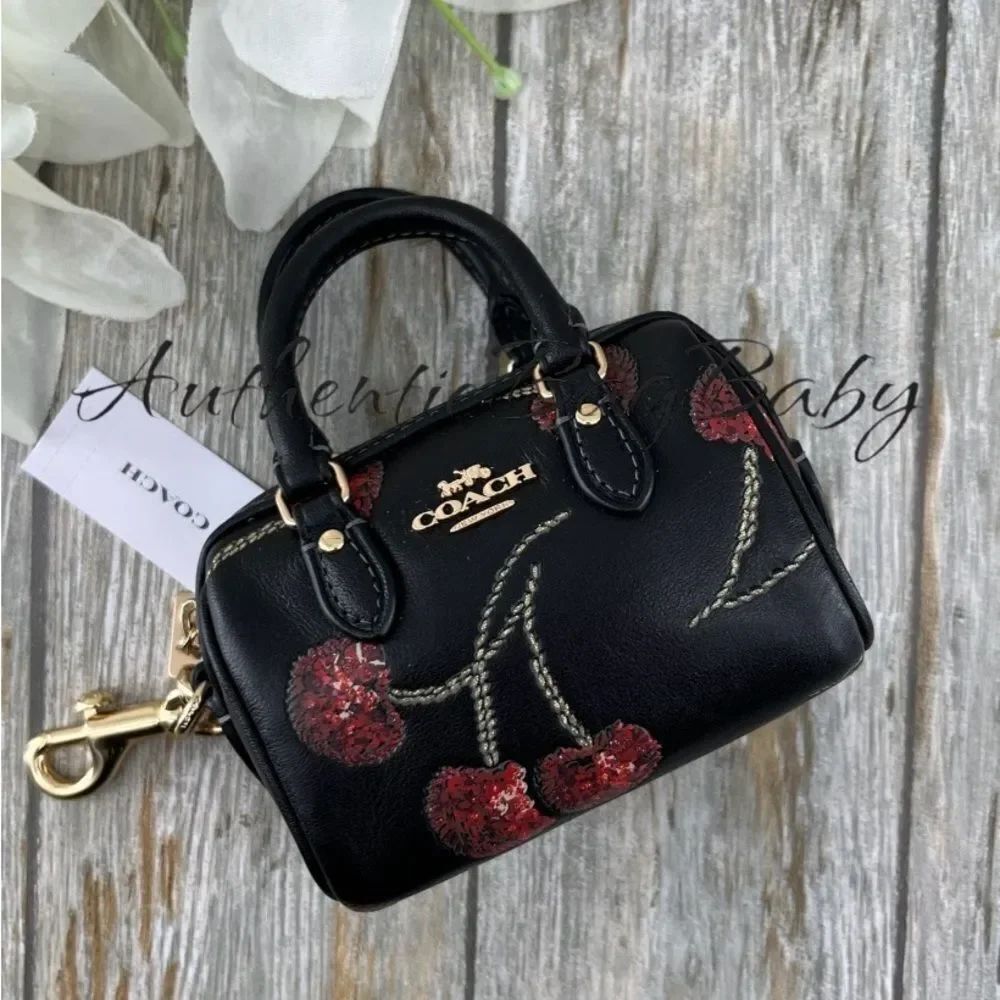 Coach Mini Rowan Bag Charm In Black Cherry Print Purse Wallet Leather